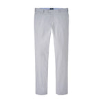 The Surge Performance Trouser by Peter Millar is a light grey, straight-leg pant made from performance fabric with belt loops, button closure, and side pockets, shown on a white background.