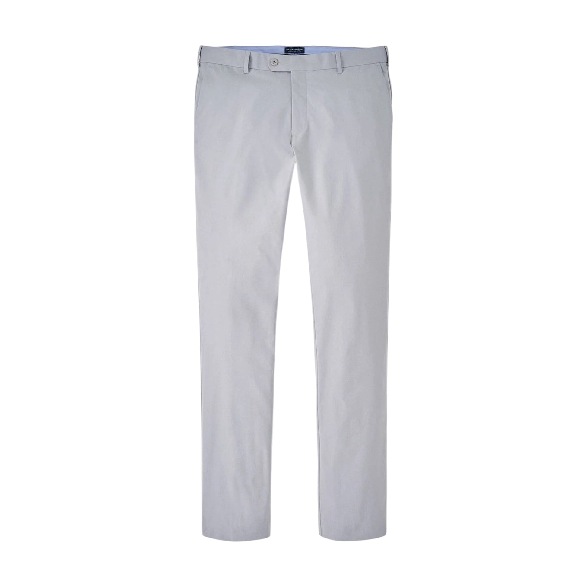The Surge Performance Trouser by Peter Millar is a light grey, straight-leg pant made from performance fabric with belt loops, button closure, and side pockets, shown on a white background.