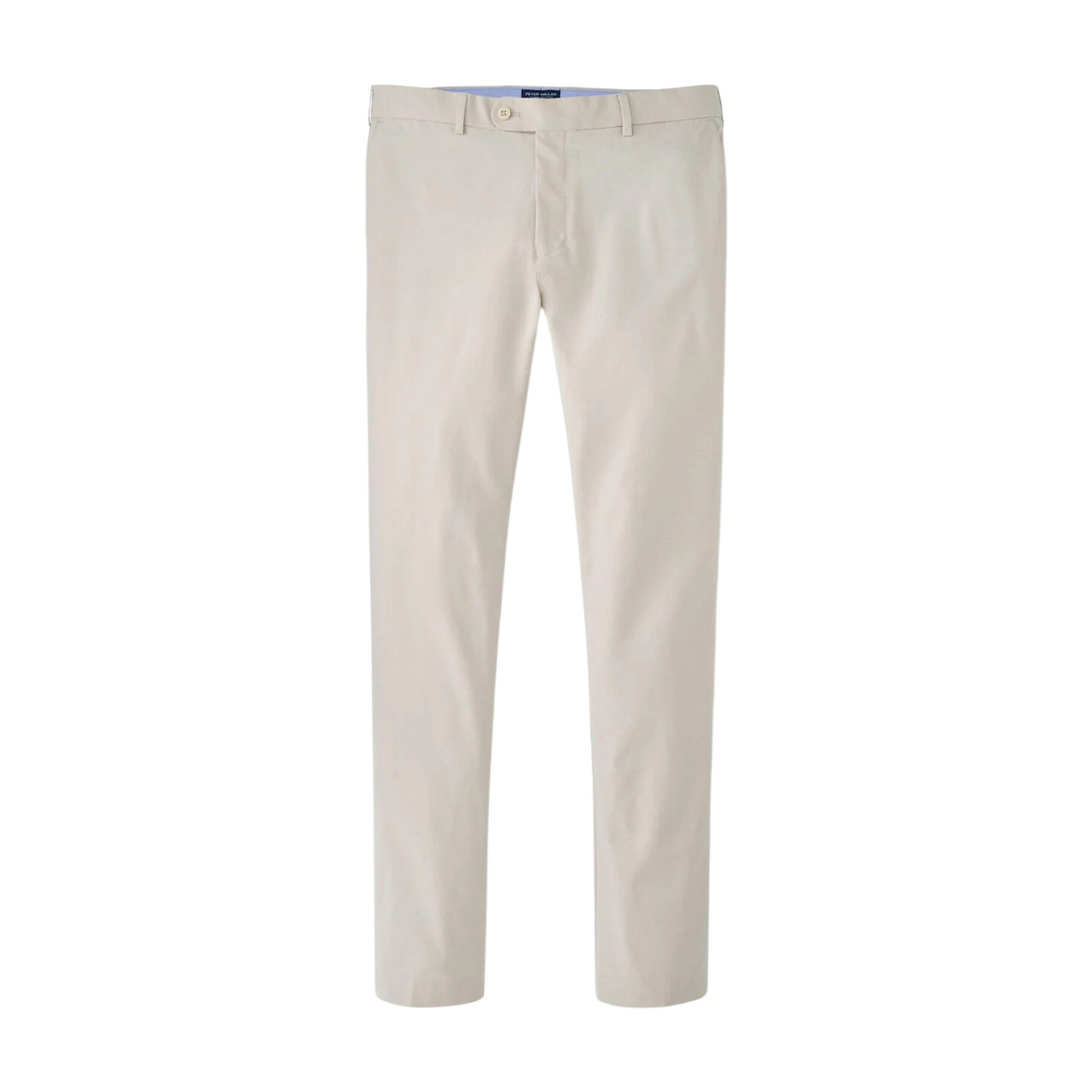 The Peter Millar Surge Performance Trouser is a pair of beige straight-leg stretch pants with belt loops, button closure, and side pockets, made from moisture-wicking fabric, shown on a white background.