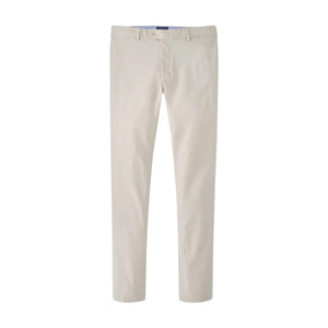 The Peter Millar Surge Performance Trouser is a pair of beige straight-leg stretch pants with belt loops, button closure, and side pockets, made from moisture-wicking fabric, shown on a white background.