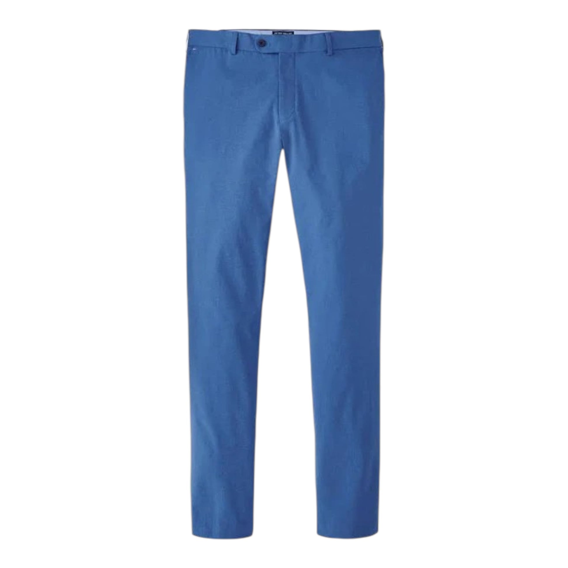 The Peter Millar Surge Performance Trouser is a pair of blue straight-leg stretch pants with button and zip closure, front pockets, and belt loops, made from moisture-wicking fabric and shown on a white background.