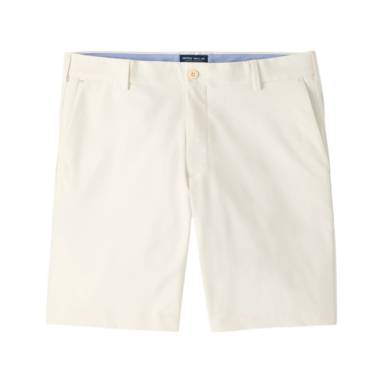 Peter Millar Surge Performance Short for men in cream, featuring belt loops, a button closure, and slash pockets, crafted from water-resistant performance apparel fabric and displayed flat on a white background.