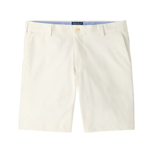 Peter Millar Surge Performance Short for men in cream, featuring belt loops, a button closure, and slash pockets, crafted from water-resistant performance apparel fabric and displayed flat on a white background.
