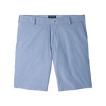 A pair of light blue Peter Millar Surge Performance Shorts featuring four-way stretch apparel, isolated on a white background.