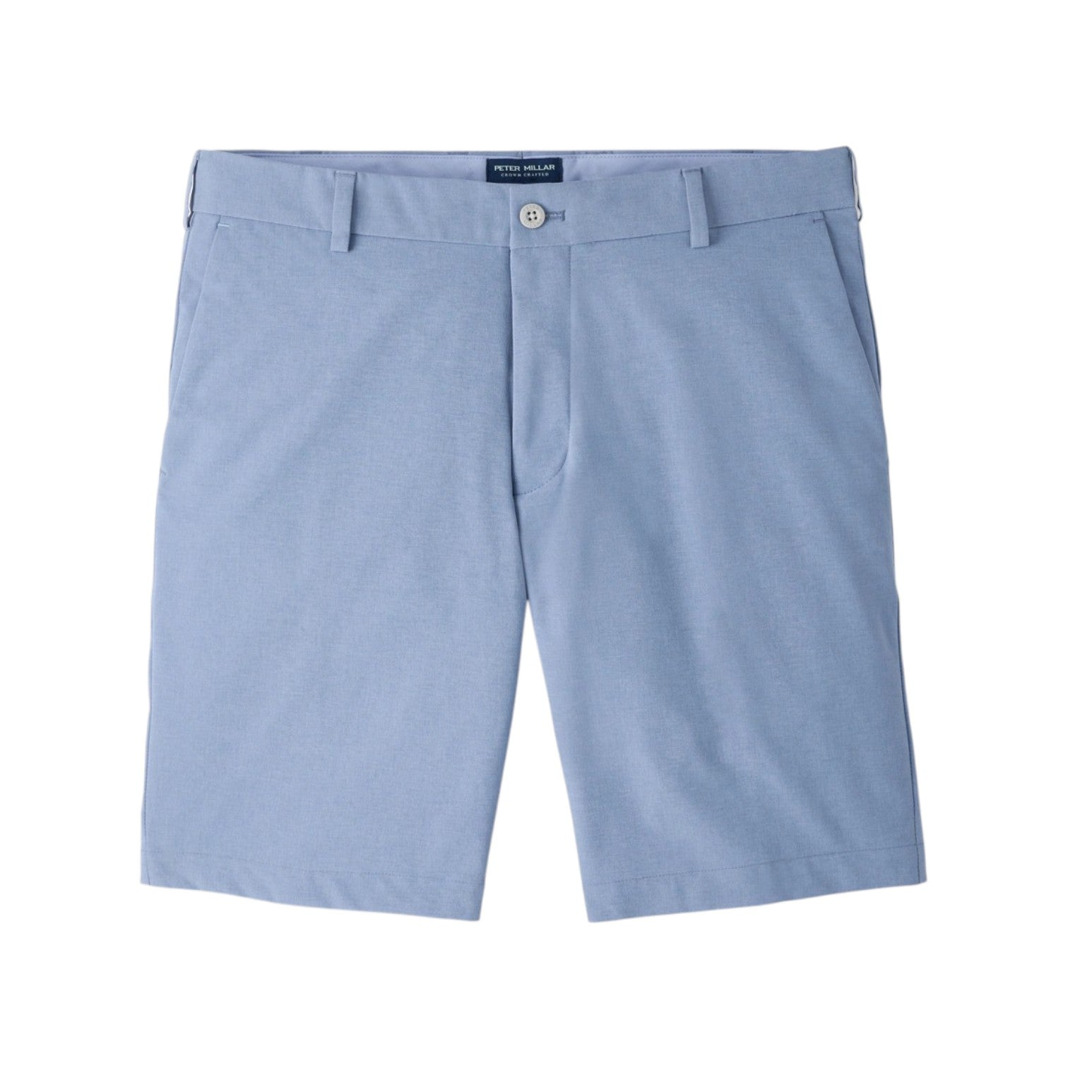 A pair of light blue Peter Millar Surge Performance Shorts featuring four-way stretch apparel, isolated on a white background.