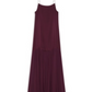 The Clementine Dress by Anine Bing is a sleeveless burgundy satin dress featuring thin spaghetti straps and a drop-waist, flowy skirt, displayed on a plain white background.