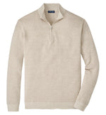 The Barlow Quarter-Zip Sweater by Peter Millar, in beige, features a stand collar and long sleeves, crafted from a Merino-linen-cotton blend with subtle birdseye jacquard knit, shown laid flat on a white background.