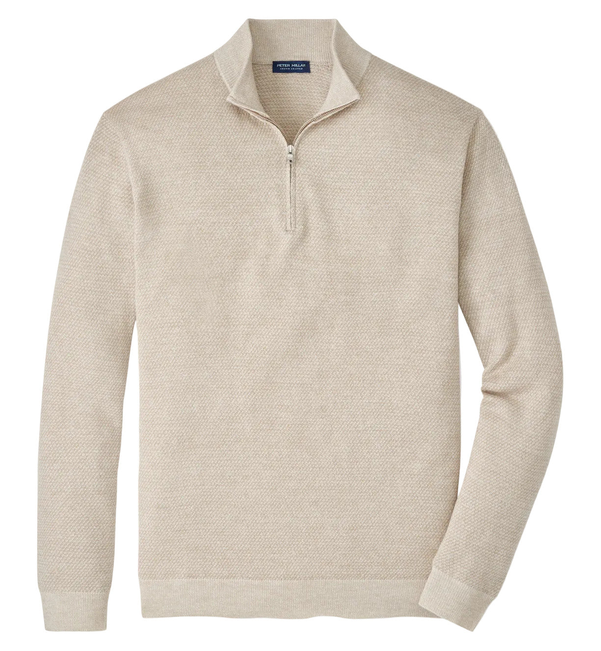 The Barlow Quarter-Zip Sweater by Peter Millar, in beige, features a stand collar and long sleeves, crafted from a Merino-linen-cotton blend with subtle birdseye jacquard knit, shown laid flat on a white background.