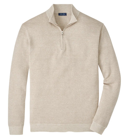 The Barlow Quarter-Zip Sweater by Peter Millar, in beige, features a stand collar and long sleeves, crafted from a Merino-linen-cotton blend with subtle birdseye jacquard knit, shown laid flat on a white background.