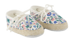 A pair of Tartine et Chocolat Baby Girls’ Liberty Fabric Espadrille Slippers, showcasing a delightful floral pattern in soft Liberty fabric, white laces, and rope-style trim on the soles, displayed on a white background.