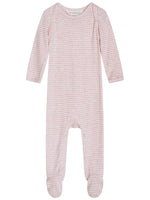 Serendipity Baby Rib Striped Bodysuit in light pink and white stripes, featuring long sleeves and a footed design, crafted from GOTS certified organic cotton and shown laid flat on a white background.