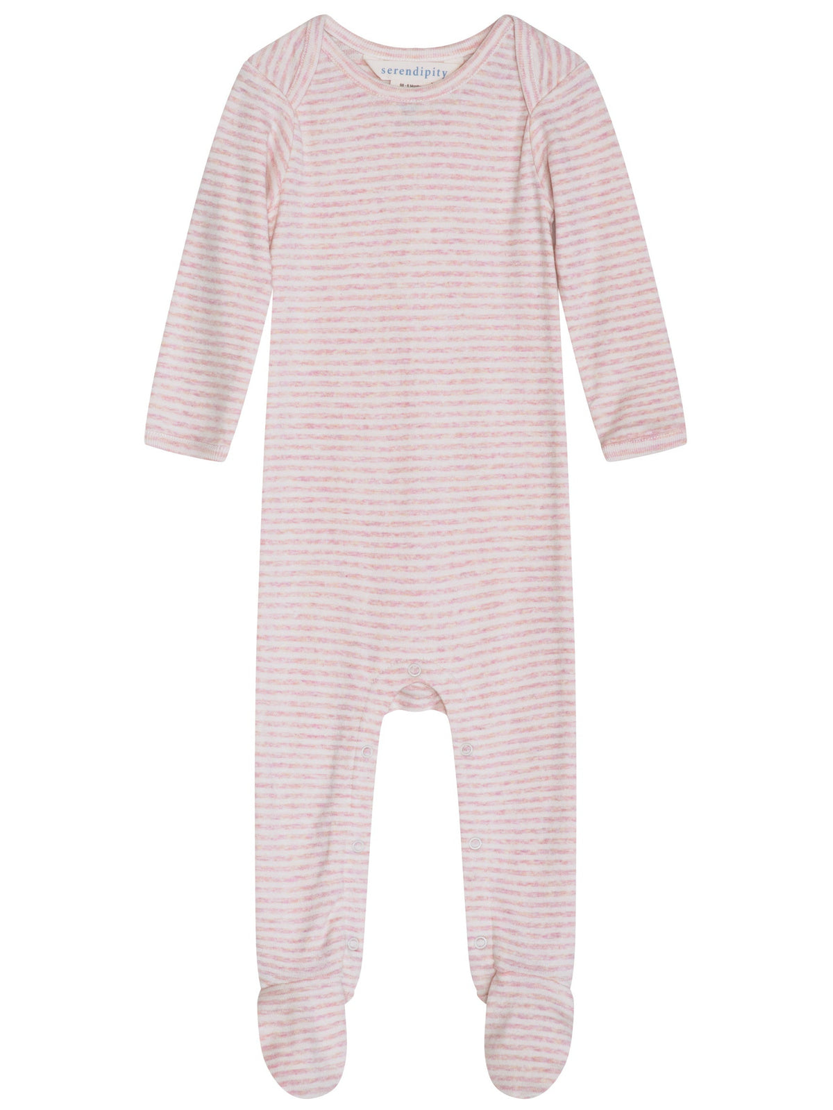 Serendipity Baby Rib Striped Bodysuit in light pink and white stripes, featuring long sleeves and a footed design, crafted from GOTS certified organic cotton and shown laid flat on a white background.