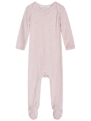 Serendipity Baby Rib Striped Bodysuit in light pink and white stripes, featuring long sleeves and a footed design, crafted from GOTS certified organic cotton and shown laid flat on a white background.