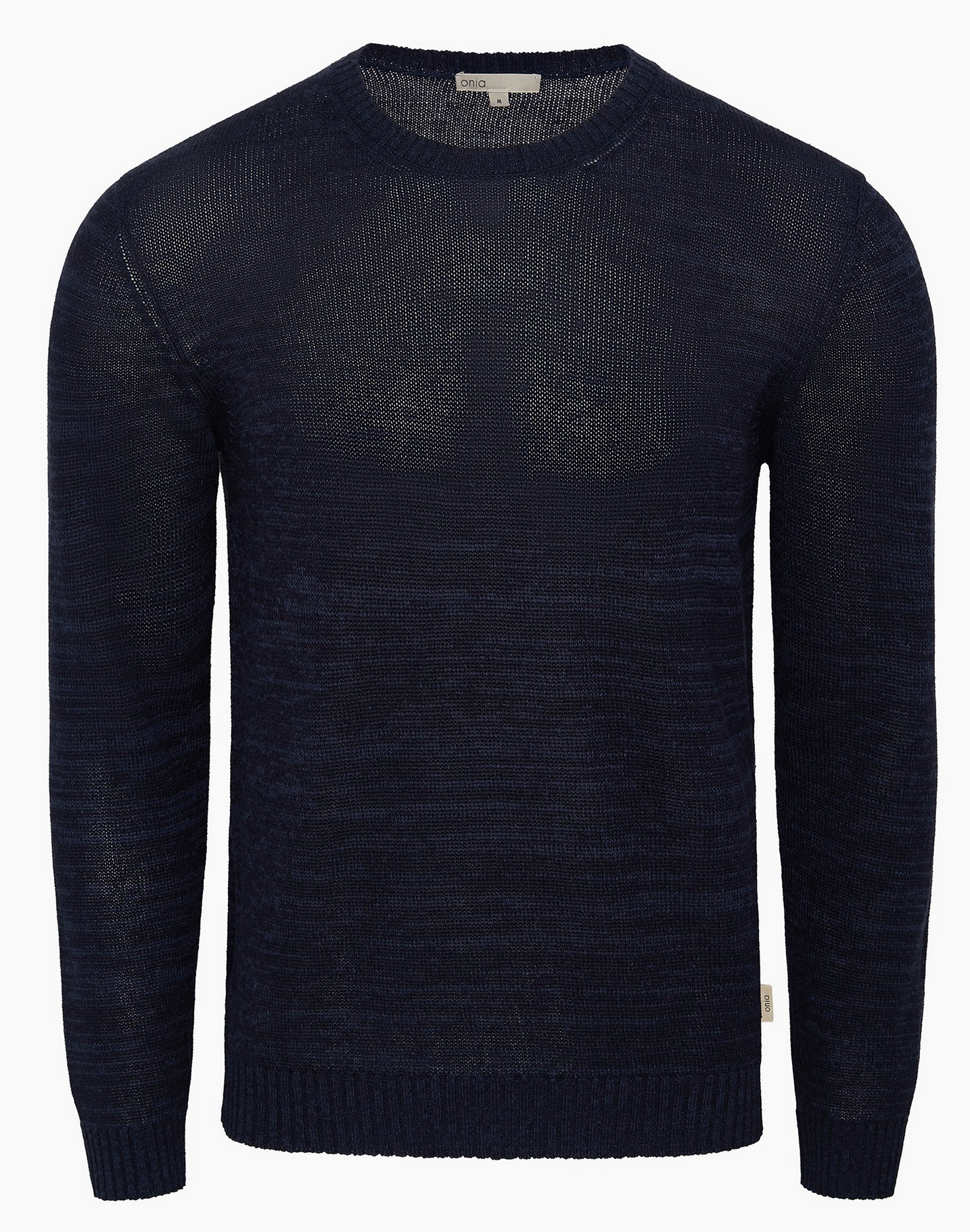 The Onia Silk Linen Crewneck, a navy blue long-sleeve sweater, is shown against a white background—designed for comfort and versatile everyday wear.