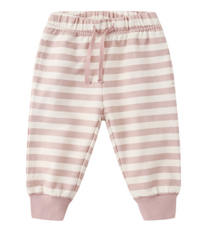 The Quincy Mae Baby Relaxed Sweatpant features light pink and white stripes, an elastic waistband with drawstring, and ribbed ankle cuffs for cozy comfort.