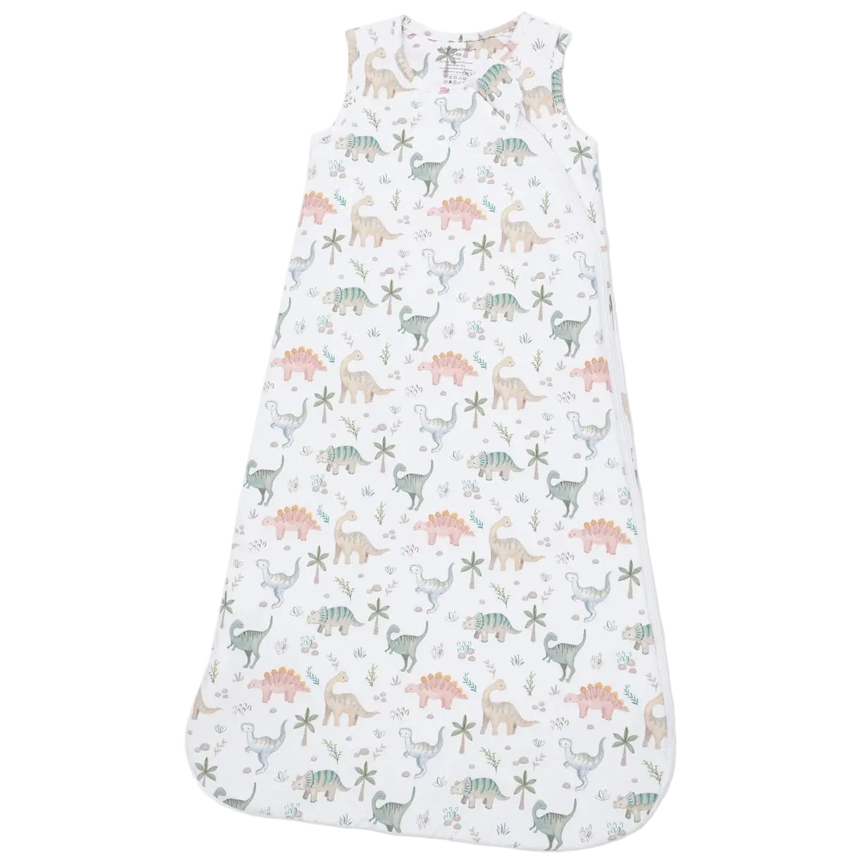 Angel Dear Baby Sleep Bag in white, made from soft bamboo fabric, features a pastel dinosaur and tree print and is shown sleeveless and flat on a white background.