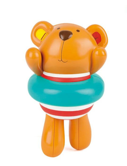 Entertaining for little ones, a Hape Swimmer Teddy Wind-Up Toy with a swimming ring.