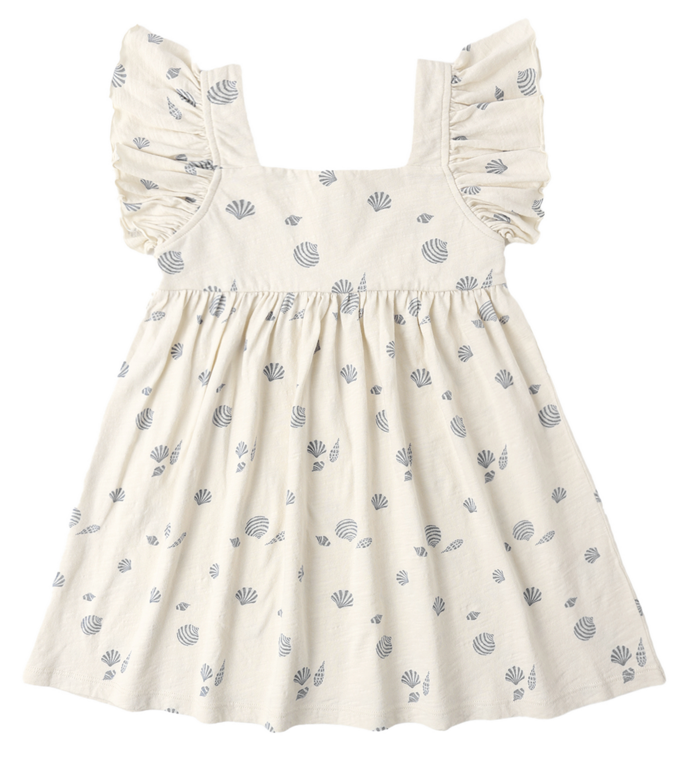 The Rylee & Cru Baby Girls' and Girls' Mariposa Dress is a cream-colored summer mini dress with ruffled butterfly sleeves and a blue seashell print.