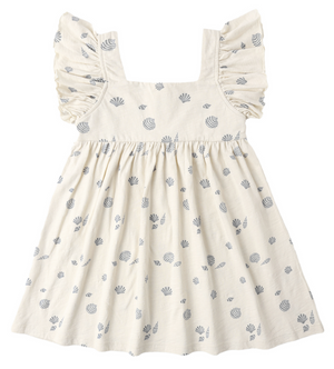 The Rylee & Cru Baby Girls' and Girls' Mariposa Dress is a cream-colored summer mini dress with ruffled butterfly sleeves and a blue seashell print.