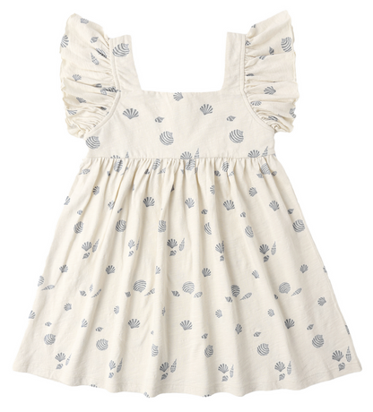 The Rylee & Cru Baby Girls' and Girls' Mariposa Dress is a cream-colored summer mini dress with ruffled butterfly sleeves and a blue seashell print.