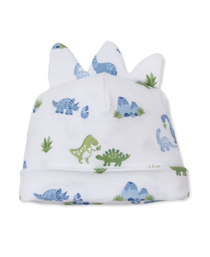 Introducing the Kissy Kissy Baby Dinosaur Delight Hat — a white baby hat adorned with playful green and blue dinosaur print, expertly crafted from ultra-soft Pima cotton. This charming hat features three fabric spikes on top, mimicking classic dinosaur scales for an extra touch of whimsy.