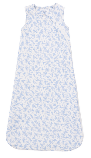 Angel Dear's Baby Sleep Bag features a sleeveless design, blue floral print on white, breathable fabric, diagonal zipper, and rounded bottom edges.