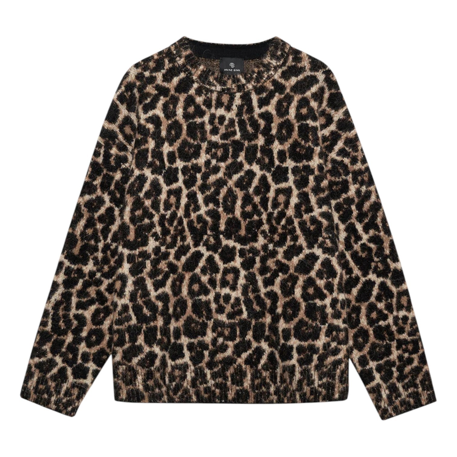 The Anine Bing Sydney Crew Sweater is a long-sleeved, heavyweight cotton blend with a brown and black leopard print in moss stitch, shown against a plain white background.