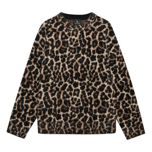 The Anine Bing Sydney Crew Sweater is a long-sleeved, heavyweight cotton blend with a brown and black leopard print in moss stitch, shown against a plain white background.