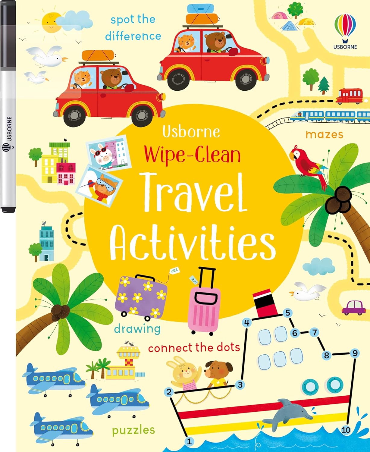 The Harper Collins Wipe-Clean Travel Activities book features a colorful cover with cars, boats, animals, a map, and games designed to help young children develop pen control skills.