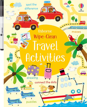 The Harper Collins Wipe-Clean Travel Activities book features a colorful cover with cars, boats, animals, a map, and games designed to help young children develop pen control skills.