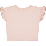 The Louis Louise Girls’ Naomie T-Shirt is a light pink jersey tee with ruffled short sleeves, shown laid flat against a white background—perfect as a stylish girls’ t-shirt.