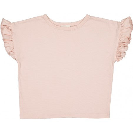 The Louis Louise Girls’ Naomie T-Shirt is a light pink jersey tee with ruffled short sleeves, shown laid flat against a white background—perfect as a stylish girls’ t-shirt.