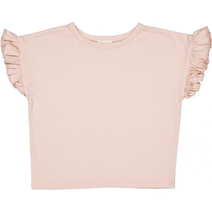 The Louis Louise Girls’ Naomie T-Shirt is a light pink jersey tee with ruffled short sleeves, shown laid flat against a white background—perfect as a stylish girls’ t-shirt.