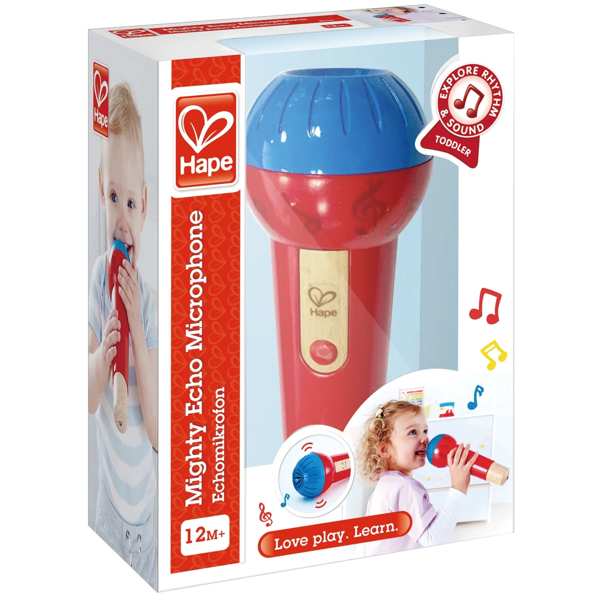 Box of Hape Mighty Echo Microphone, showing kids playing with the toy. The packaging features red and blue colors, musical notes, and the Hape brand logo.
