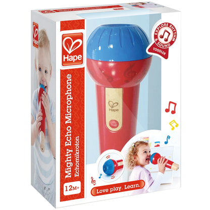 Box of Hape Mighty Echo Microphone, showing kids playing with the toy. The packaging features red and blue colors, musical notes, and the Hape brand logo.