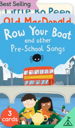 Illustration of the cover for Yoto Card: Pre-School Songs Pack by Yoto, showing two children in a boat, animals, a red bus, and a spider set against a blue background—inviting little ones to set off on musical adventures featuring instrumental sing-along fun and catchy pre-school tunes.