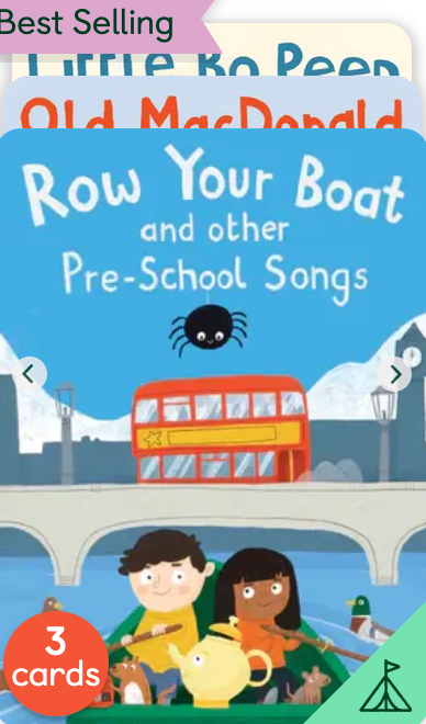 Illustration of the cover for Yoto Card: Pre-School Songs Pack by Yoto, showing two children in a boat, animals, a red bus, and a spider set against a blue background—inviting little ones to set off on musical adventures featuring instrumental sing-along fun and catchy pre-school tunes.