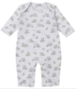 The Kissy Kissy Baby Elephant Esprit Printed Playsuit is a white Pima cotton onesie with long sleeves, a front pocket, and an all-over print of gray elephants and green grass for a charming look.