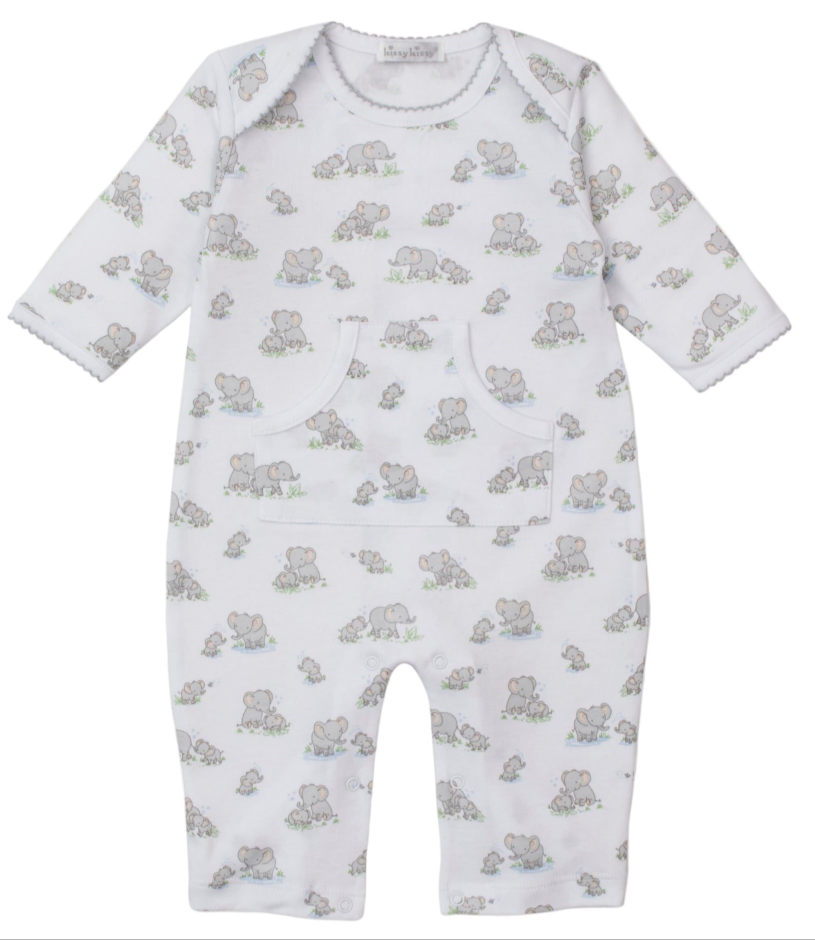 The Kissy Kissy Baby Elephant Esprit Printed Playsuit is a white Pima cotton onesie with long sleeves, a front pocket, and an all-over print of gray elephants and green grass for a charming look.