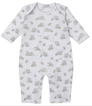 The Kissy Kissy Baby Elephant Esprit Printed Playsuit is a white Pima cotton onesie with long sleeves, a front pocket, and an all-over print of gray elephants and green grass for a charming look.