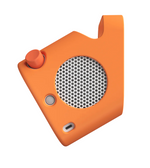The Yoto Player Adventure Jacket by Yoto is an orange, angular portable speaker featuring a round grille, control knob and button, USB-C port, and a silicone carry-coat inspired by the original Yoto Player.