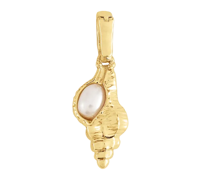Anabel Aram Milos Shell with Pearl Charm featuring a gold shell pendant with a small white pearl and a hinged clasp at the top.