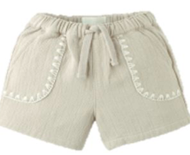 Gingersnaps Baby Boys' Marlow Drawstring Shorts feature a beige textured cotton design with contrast stitching and two front pockets, ideal for casual kids' outfits.