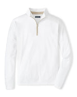 The Peter Millar Albatross Cotton-Blend Piqué Quarter-Zip is a white long-sleeve sweater with a stand collar and quarter-zip closure, crafted from lightweight piqué fabric and shown against a plain background.