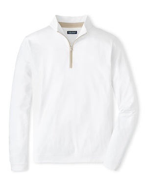 The Peter Millar Albatross Cotton-Blend Piqué Quarter-Zip is a white long-sleeve sweater with a stand collar and quarter-zip closure, crafted from lightweight piqué fabric and shown against a plain background.