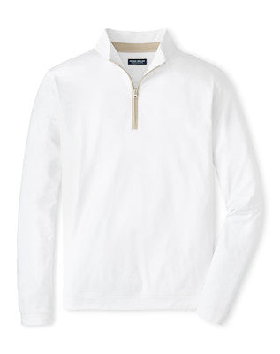 The Peter Millar Albatross Cotton-Blend Piqué Quarter-Zip is a white long-sleeve sweater with a stand collar and quarter-zip closure, crafted from lightweight piqué fabric and shown against a plain background.