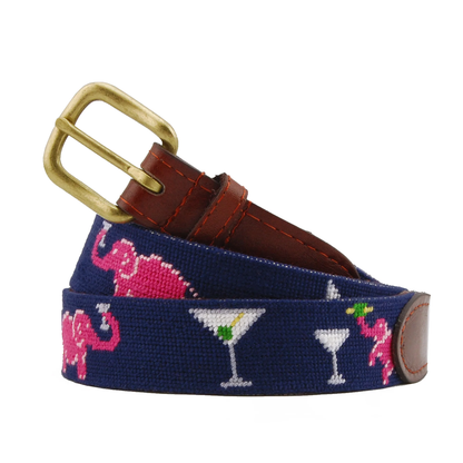 The Smathers & Branson Elephant Martini Belt features a navy blue hand-stitched design with embroidered pink elephants and martini glasses, complemented by Italian leather accents and a brass buckle.