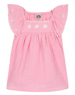 The Baby Girls' Revebb Dress by Bonton is a pink cotton gauze toddler dress with white embroidery and ruffled sleeves, shown flat on a white background.