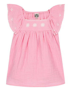 The Baby Girls' Revebb Dress by Bonton is a pink cotton gauze toddler dress with white embroidery and ruffled sleeves, shown flat on a white background.