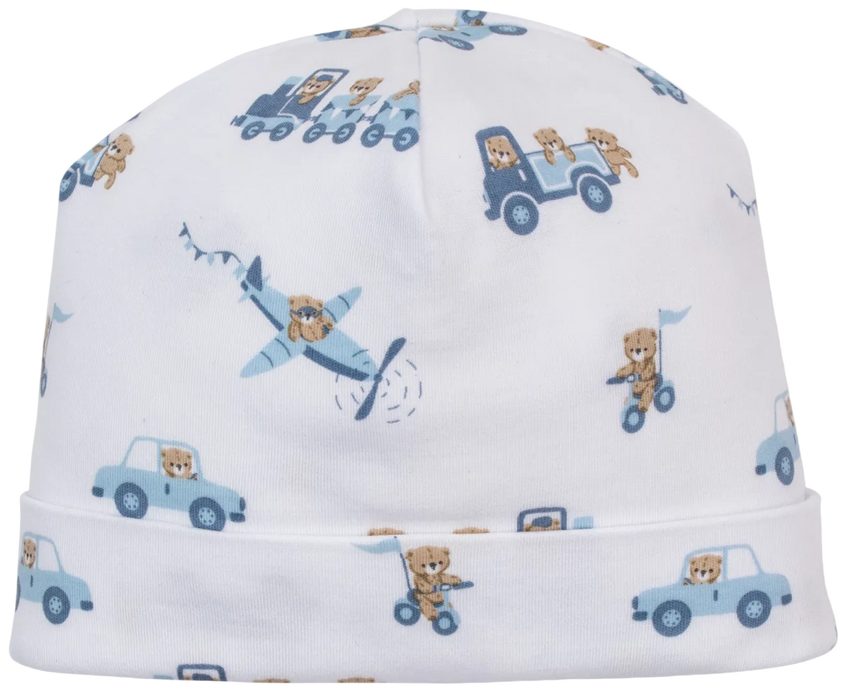 The Kissy Kissy Bears on the Go Hat is crafted from ultra-soft Pima cotton and features delightful illustrations of teddy bears driving cars, riding scooters, and flying planes in blue and tan hues.
